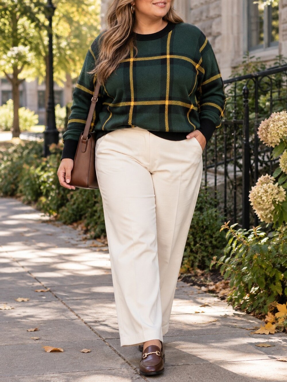 Tahari Dark Green Yellow Plaid Crewneck Sweater Rayon Blend Preppy Fall Casual